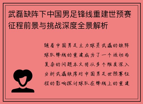 武磊缺阵下中国男足锋线重建世预赛征程前景与挑战深度全景解析